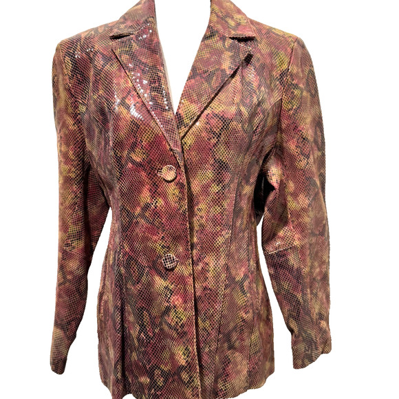 Vintage 90s Wilsons Leather Snake Print Jacket Blazer Sz L Mauve Pink Tan Shiny - Picture 1 of 10